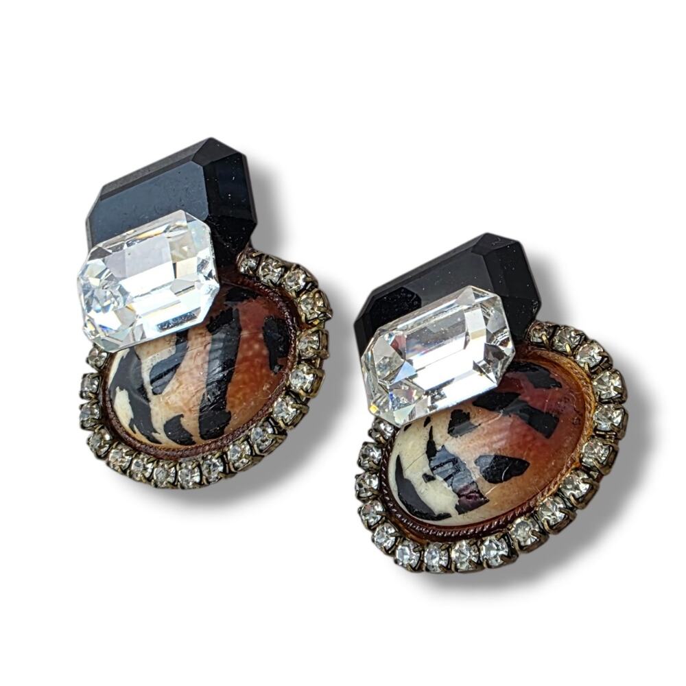 Vintage Signed WENDY GELL Clear Black Rhinestones Clip-On Earrings Avant-garde